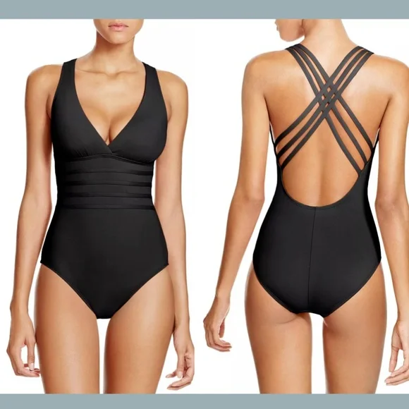 NWT La Blanca Cross Back One-Piece Swimsuit‎ 14 BLK One Pieces